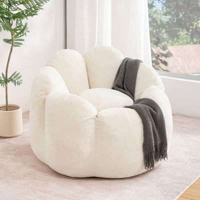 HOMMPA Sækkestol i fløjl – Beige, ergonomisk med ryglæn, XXL blomsterformet sækkestolsofa – komfortabel til stue, soveværelse eller teenageværelse