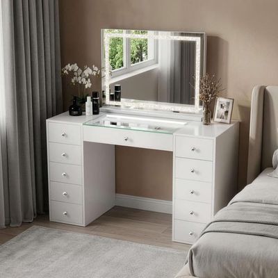 VANITII Sminkebord med Spejl Belysning Bluetooth LED RGB Toilettetbord 11 Skuffer Hvid 130 x 55 x 139 cm