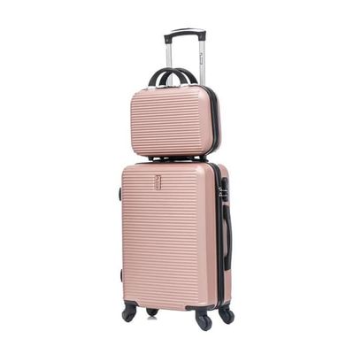 Kabinväska 55x35x25cm med sminkväska | CELIMS Weekend-väska | Ultra-lätt | ABS | Lås | 4 hjul 360 | Roséguld