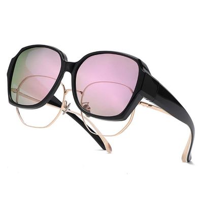 Solbriller over briller – Polariserte Suncovers UV400, Rosa linser, Svart innfatning