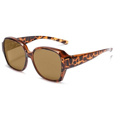 Solbriller ovenpå briller – polariserede Suncovers UV400, brune linser, mørkebrunt leopardstel