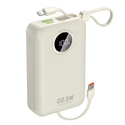 K14+ 20000mAh 22.5W USB-C USB-A Powerbank med indbyggede iPhone Lightning USB-C kabler - Hvid