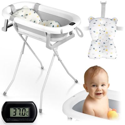 Foldbart badekar til børn og spædbørn med stel, termometer og indsats Ricokids RK-287 hvid og grå