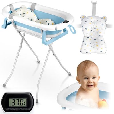 Foldbart badekar til børn og spædbørn med stel, termometer og indsats Ricokids RK-287 hvid og blå