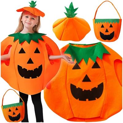 Græskarkostume, lavet af ikke-vævet stof, orange, græskarmønster, Halloween-kostume til børn, størrelse S, sæt