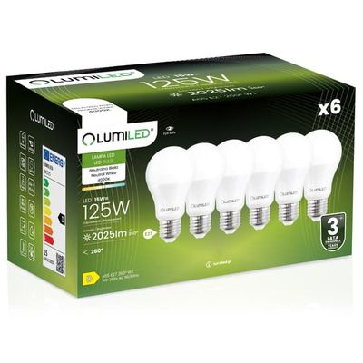 6x LED-lampa E27 A65 15W = 125W 2025lm 4000K neutralvit 260° LUMILED