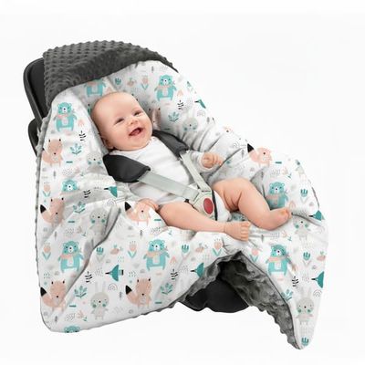 Minky sovepose 80x80cm til autostol, babysvøb, svøb - pastelfarvede dyr