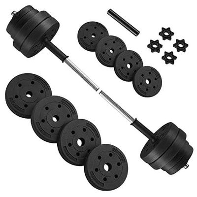 Songmics 2-i-1 håndvægtsæt, 2 x 15 kg justerbare håndvægte med ekstra vægtstang, plastbelagte vægtskiver, fitnesstræning, hjemmegym, sort