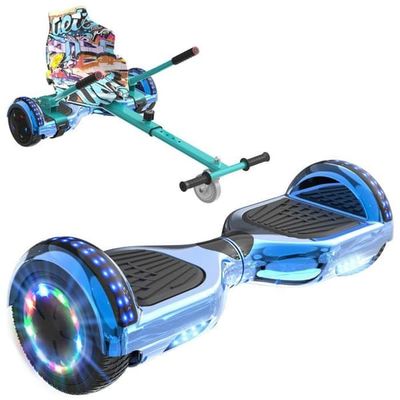 RCB Hoverboard + Kart 2-i-1 6,5 tum Bluetooth och LED – Justerbar kart – blå/grön – perfekt present till barn