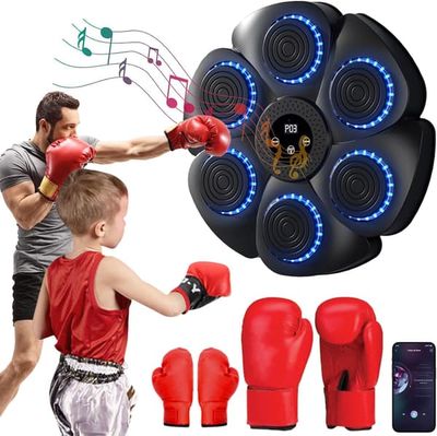 Musikk-boksemaskin - Smart veggmontert boksemaskin med musikk, LED-lys og boksehansker - Bluetooth-tilkobling, 9 moduser og 18 hastigheter