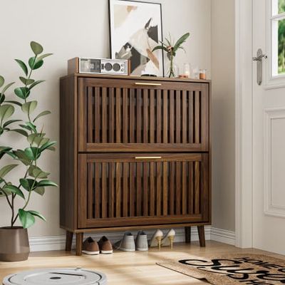 80 cm skoskab i valnød fristående skoforvaring mid-century moderne stil med to klaplåger til gang og entré 1 stk