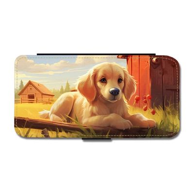 Til iPhone 11 Pro: Tegneserie Golden Retriever Hund, flipdeksel med unikt motiv, mobiletui med stativfunksjon