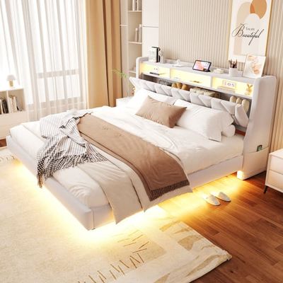Sängram med förvaring, 180 x 200 cm, beige, med förvaring, med LED, med sänggavel