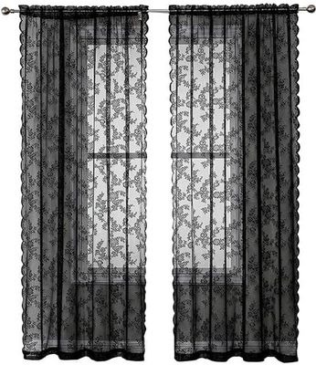 100x200 cm Svarta Vintage Blommig Broderad Spets Skira Fönstergardiner, 2-pack