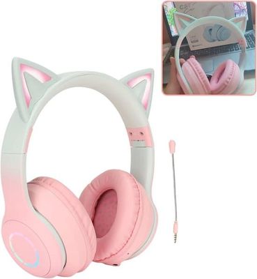 Kat-øre-hovedtelefoner, trådløst gaming-headset, Bluetooth 5.1/3.5mm AUX, foldbart, 7-farvede LED-lys (Pink)