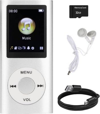 Bluetooth MP3-afspiller med 32 GB SD-kort, 1,8-tommer LCD, FM-radio og stemmeoptager (sølv)
