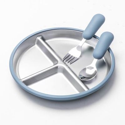 3-delt babymadbeholder, fodersæt i rustfrit stål og silikone med sugekop, opdelt, nem at rengøre til babyer, småbørn - Blå