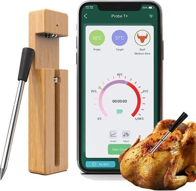 Trådlös Köttermometer (med app) - Bluetooth BBQ Termometer - Ugnstermometer - BBQ Tillbehör - Rostfritt Stål - Svart