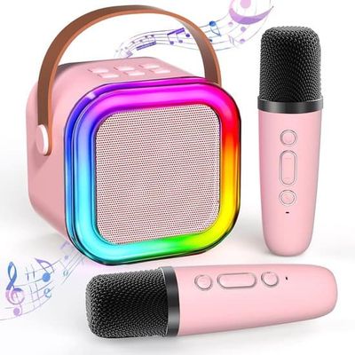 Børns Mini Karaokemaskine - Trådløs Karaoke Højttaler med 2 Mikrofoner - LED Festlys - Egnet til børn i alderen 2-12 år - K12 Pink Model