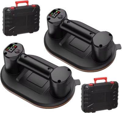 300KG Elektrisk Vakuum Sugekop med Dobbeltmotor, 3600mAh Batteri, Smart Display, Professionel Flise-/Glasbærer 24x16 cm, Sort, 2 Styk