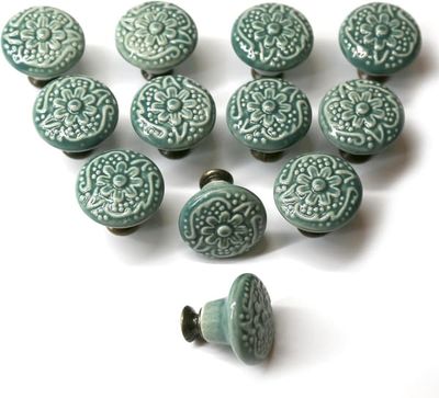 12-pack vintage skåpsknoppar - 34 mm runda keramiska handtag - möbelhandtag - För sminkbord och skåpsdörrhandtag (grön)