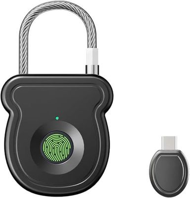 Smart fingeraftryks hængelås med nød-USB-port (sort), vandtæt hurtigoplåsende skabslås.