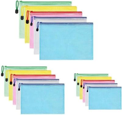 A3 Dokumenttasker, Netplastik Lynlåsposer til Filer, Kosmetik og Rejser (A3+A4+A5, 15-pak, Flerfarvet).