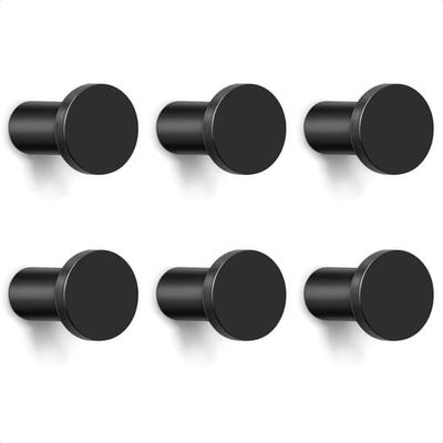 Sorte runde metalkroge - 6 enkeltkroge - aluminium - m/skruer - Til vægge - garderober - køkkener - badeværelser - entréer