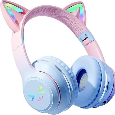 Bluetooth-hörlurar för barn, trådlösa hörlurar, med LED-upplysta kattöron, Bluetooth 5.1, stereo, vikbara, justerbart huvudband