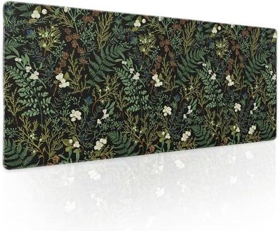 Æstetisk Vintage Botanisk Gaming Musemåtte, Sød Skovgrøn Plante Natur Blomster Udstrakt Stor Musemåtte Skridsikker Syet Kant Lang Måtte til