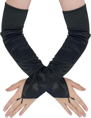 Svarta virkade handskar - stretchstickade - långa vintage operahandskar - fingerlösa - lämpliga för bröllop och fester - damhandskar