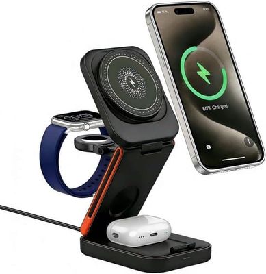 3-i-1 Sammenfoldelig 15W Trådløs Oplader, Velegnet til iPhone 17/16/15/14/13/12, Apple Watch Ultra/SE/10/9/8/7/6/5/4/3/2, AirPods Pro/4/3/2