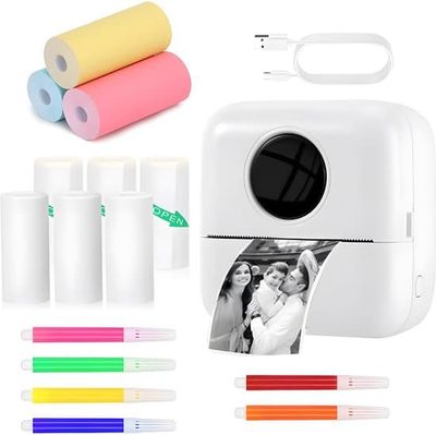 Minifotoprinter, 200 DPI, USB-uppladdningsbar, Inkluderar 3 rullar självhäftande 3 vita 3 färgade papper och 6 pennor, Vit