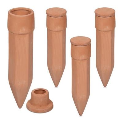 Keramisk drypvandingssystem, sæt med 4, med hætter, velegnet til indendørs planter, altaner, flasker og vandingssystemer, lavet af terracotta.