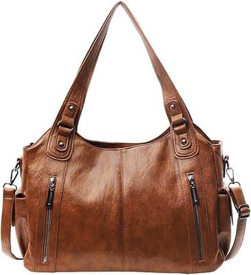 Ljusbrun PU-läder Vintage Dam Axelväska med Dragkedja, Stor Kapacitet Punk Stil Handväska Arbetsväska