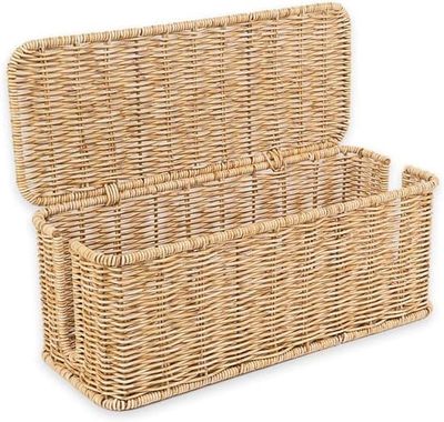 Håndvævet Rattan Kabelstyringsboks (31x13x13cm), Naturlig Ledningsorganisator & Router Skjuleboks med Dobbelt Åbning til Under Skrivebord