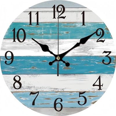 22. Blå strandväggklocka, batteridriven, tyst vintage lantlig kuststil, nautisk, 30x30 cm.