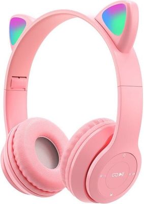 Trådlösa hörlurar för barn - Over-Ear-hörlurar för barn - On-Ear - Bluetooth - Med mikrofon - Kattöronproppar - LED-lampor - Ljusrosa