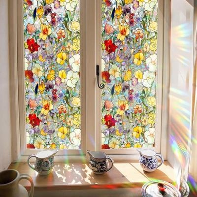2-pack vintage regnbågsblommiga fönsterdekaler i färgat glas, insynsfilm utan lim (43x100cm)