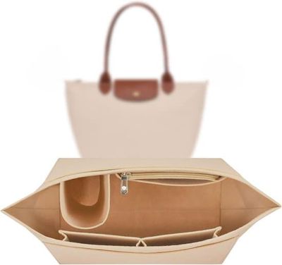Handväska Organizer, Handväska Organizer, 28*25*17 cm, Väskorganizer med Flera Dragkedjeförsedda Fickor, Storlek L, Beige, Lämplig för Handväskor
