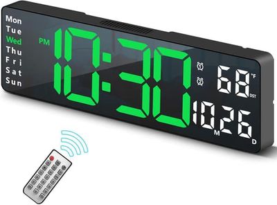 Digital klocka, dekorativ digital väggklocka för vardagsrum, skrivbordsväckarklocka för sovrum, stor väggklocka med fjärrkontroll, grön