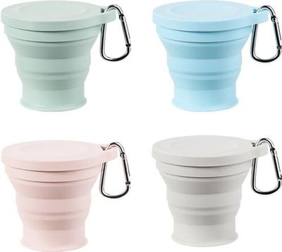 4-pak, sammenklappelige silikonekopper, 180 ml, til picnics, camping, vandreture, genanvendelige, kaffe-/tekopper, med tætsluttende låg, BPA-fri, pink, blå, grøn, grå