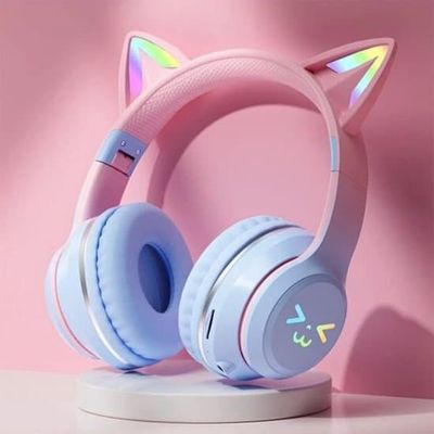Børnehovedtelefoner - Trådløse hovedtelefoner - LED-lys - Katte-design - Katteører - Sammenklappelige - Bluetooth - 10 timers batterilevetid - Pink