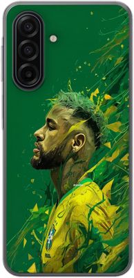 Kompatibel Mobilcover til Samsung Galaxy A17 5G Illustration af Neymar i gul landsholdstrøje mod en grøn kunstnerisk baggrund