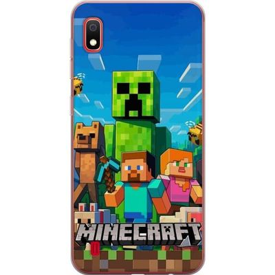 Kompatibelt Mobildeksel til Samsung Galaxy A10 Tegnet gamingmotiv med blokkfigurer, dyr, verktøy og grønn monsterfigur