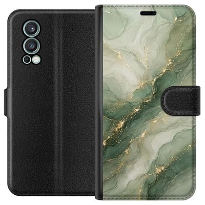 Kompatibel Tegnebogsetui til OnePlus Nord 2 5G Grøn marmor-inspireret design med flydende stenstruktur, lyse sektioner og elegante guld-farvede årer