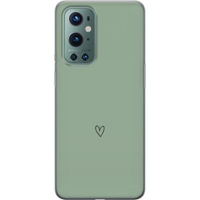 Kompatibelt Mobildeksel til OnePlus 9 Pro Enkelt svart linjetegnet hjerte på ensfarget myk grønn bakgrunn med et minimalistisk uttrykk