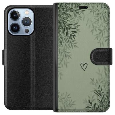 Kompatibelt Lommeboketui til Apple iPhone 13 Pro Grønn minimalistisk bakgrunn med et enkelt hjerte, botaniske blader og myke naturlige skygger