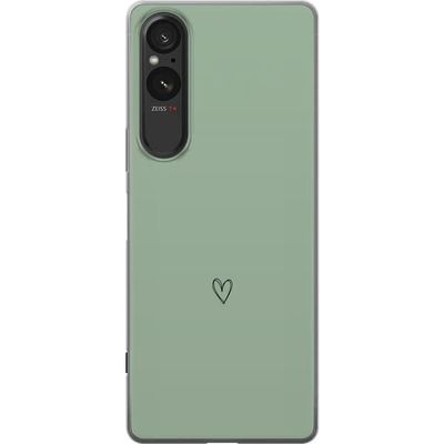 Kompatibel Mobilcover til Sony Xperia 10 VI Simpelt sort linjetegnet hjerte på ensfarvet blød grøn baggrund med minimalistisk udtryk
