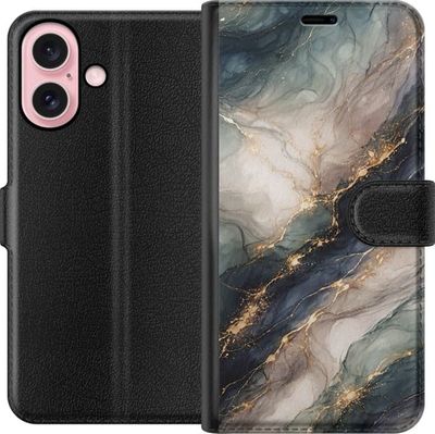 Kompatibel Tegnebogsetui til Apple iPhone 16 Luksuriøst marmormønster med dybblå, gråhvide og grønne felter forbundet af guldfarvede detaljer